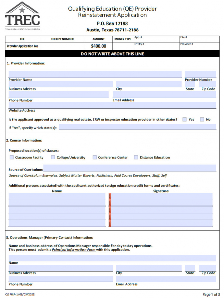 Qualifying Education Provider Reinstatement Application